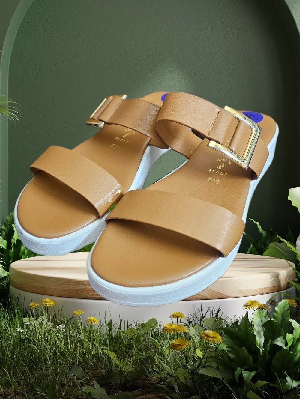 Italian Shoemakers tan dual strap buckle sandals slides womens 8.5 NEW FLAWED